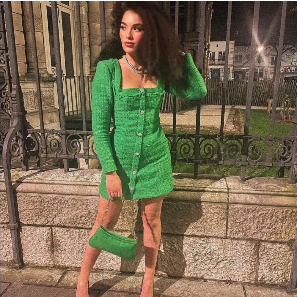 Zara * Tweed Textured Weave Blazer Dress with Jewel Buttons Green - Picture 9 of 14